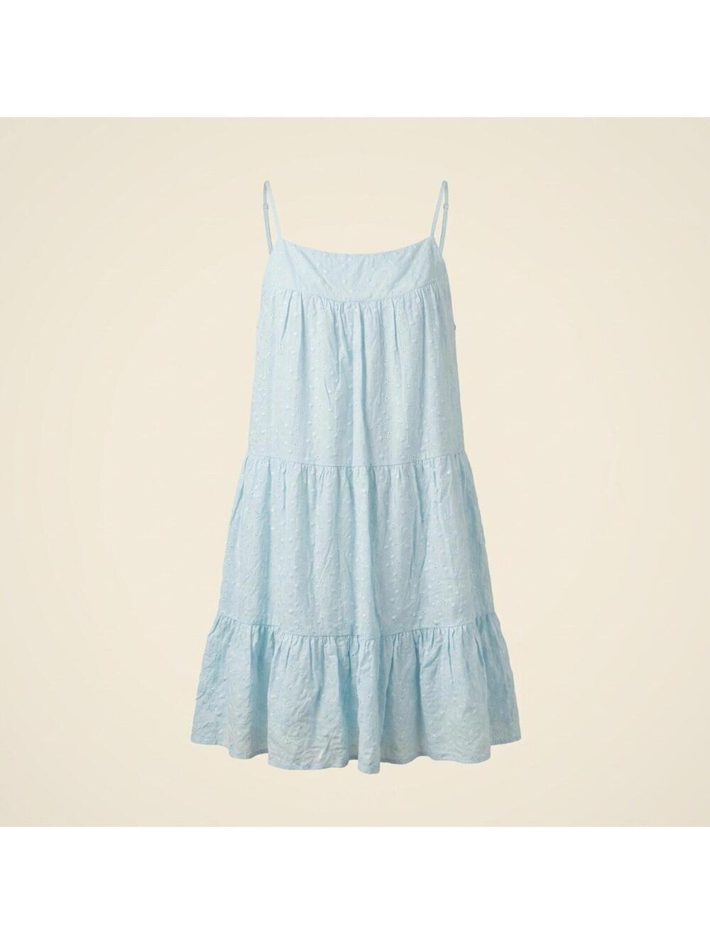Hyfve Womens Eyelet Mini Dress L Light Blue Cotton Tiered Ruffle Hem Sleeveless